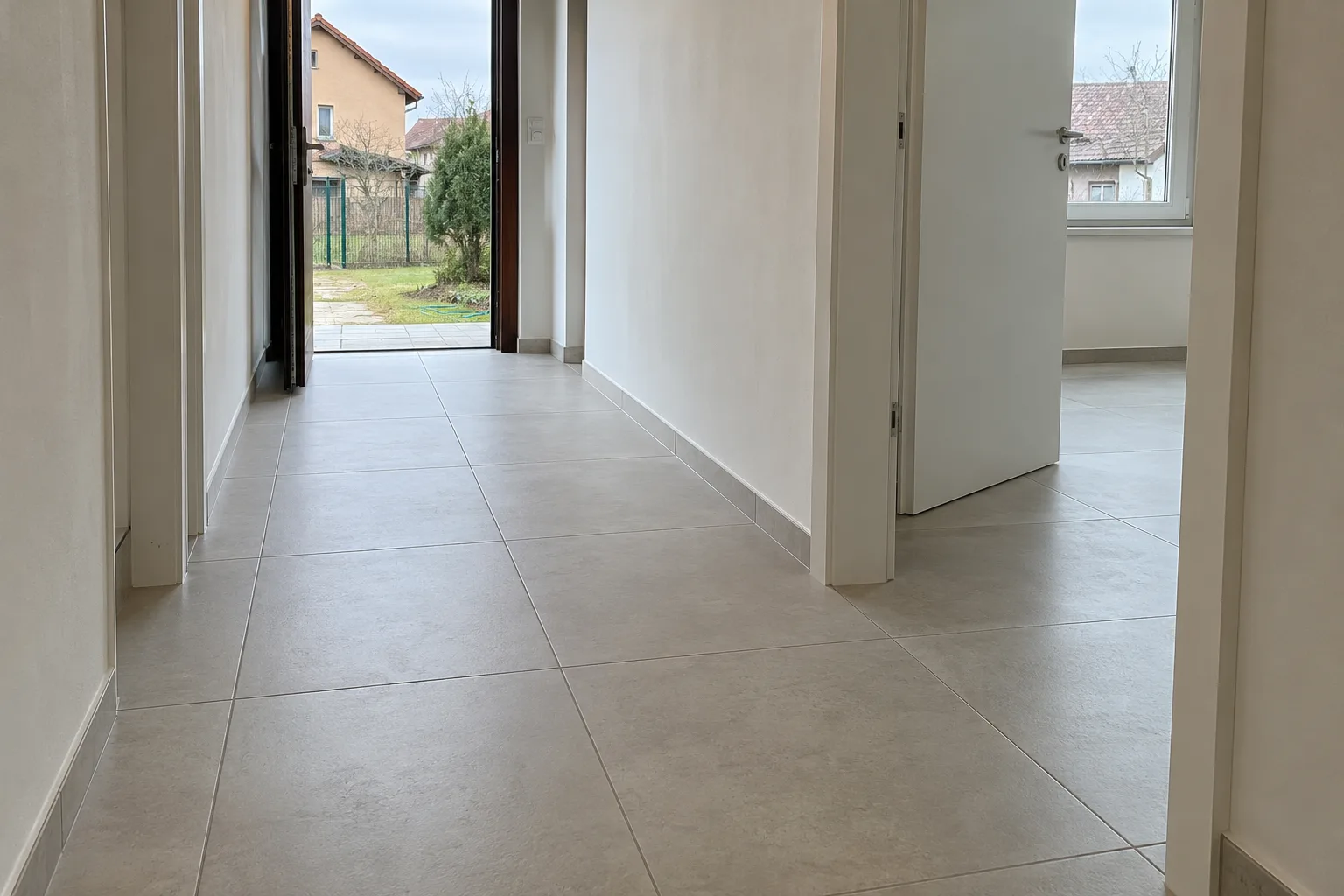 Chodba rodinného domu s velkoformátovou dlažbou v rovných spárách a soklem z dlažby