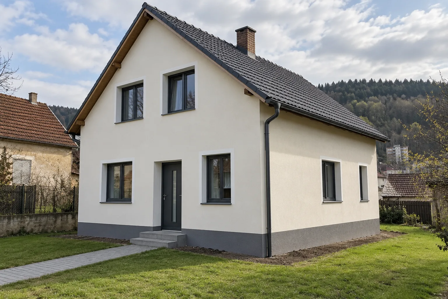 Starší patrový dům po celkové rekonstrukci: nová světlá omítka, šedý sokl, antracitová okna a dlážděný chodník ke vchodu